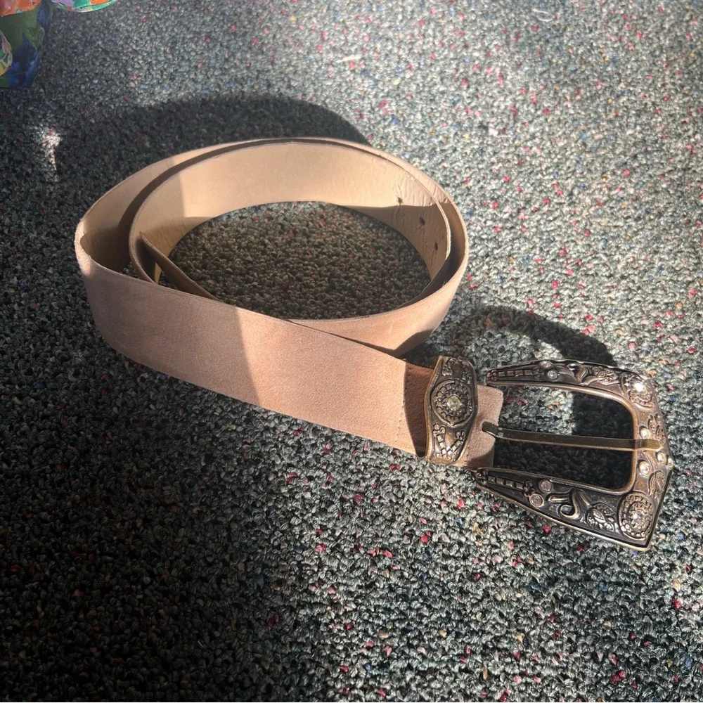 Big Buckle Brass Country Ranch Western Style Tan Suede Thick Belt Accessory L-XL